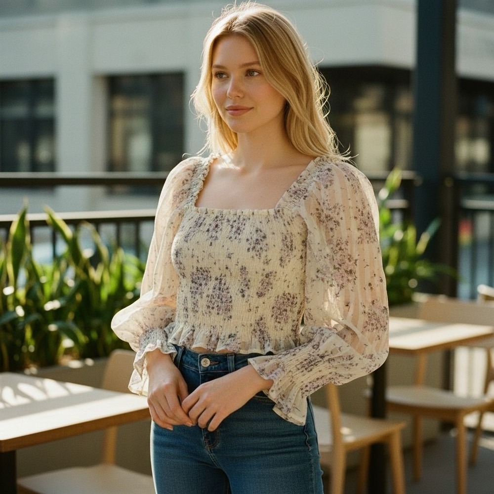 Collective Rack Floral Smocked Crop Top Cream Purple Sheer Balloon Sleeve Blouse